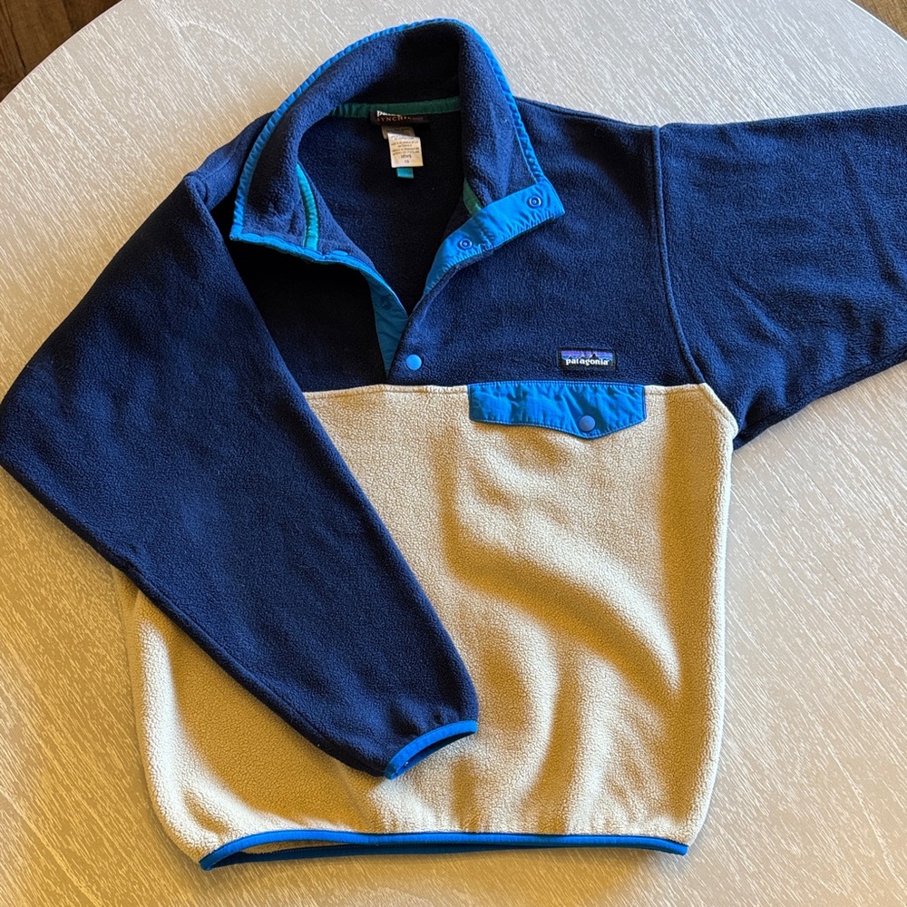 Patagonia Men's Blue and Tan Synchilla Pullover